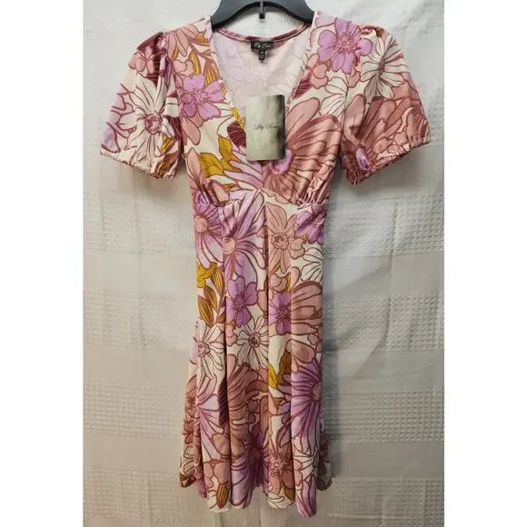 Lily Rose Women Dress XS Floral Belted Fit & Flare Mini V Neck 70's Puff Sleeve - Picture 2 of 9